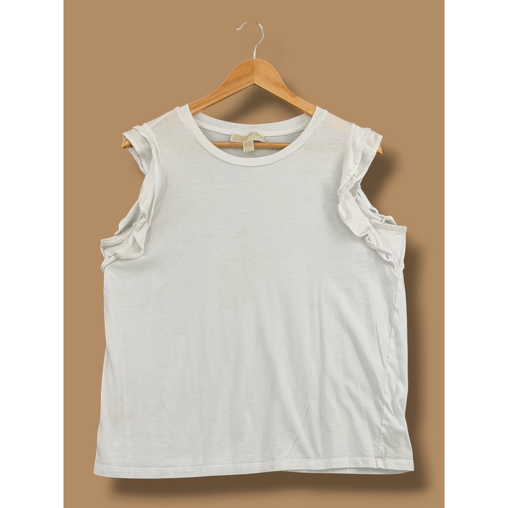 Michael Kors Womens White Ruffle Sleeve Crew Neck Tank Top Shirt‎ Large